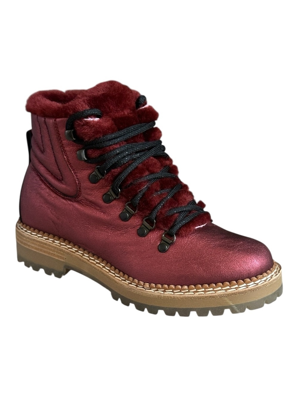 Montelliana 1965 Camelia Metallic Burgundy Shearling Hiking Boots EU 37 US 7 NWB